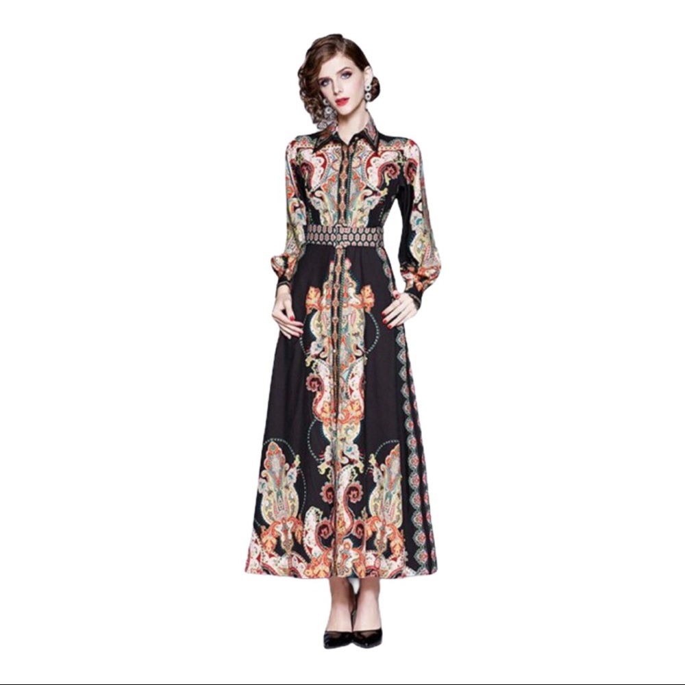Banulin Runway Long Sleeve Pleated Maxi Dress